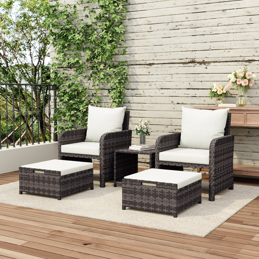 Set da conversazione con cuscini in rattan da 5 pezzi per patio con tavolino da caffè pouf