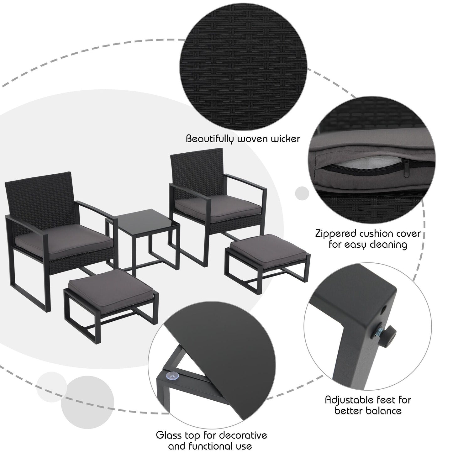 Set da salotto in vimini da 5 pezzi con cuscini per patio