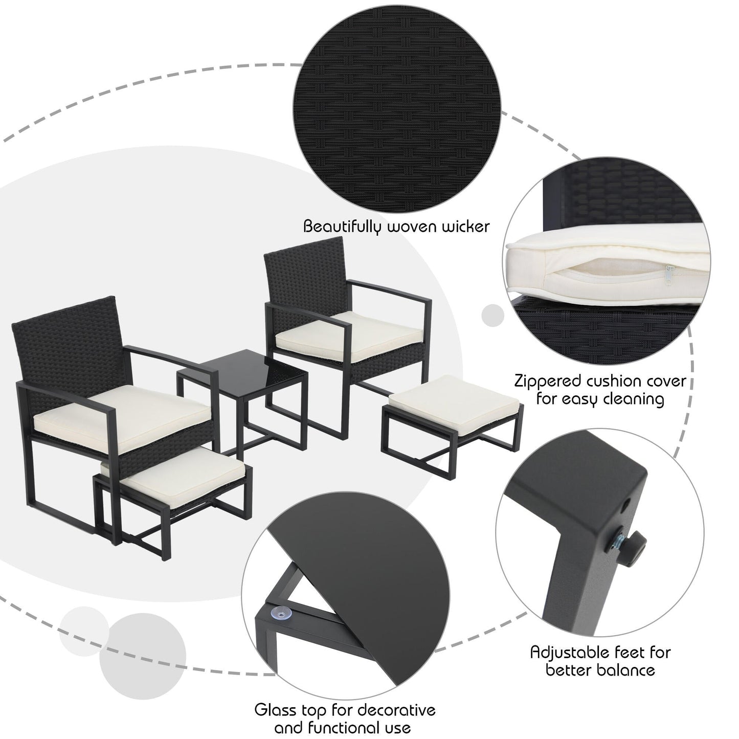 Set da salotto in vimini da 5 pezzi con cuscini per patio