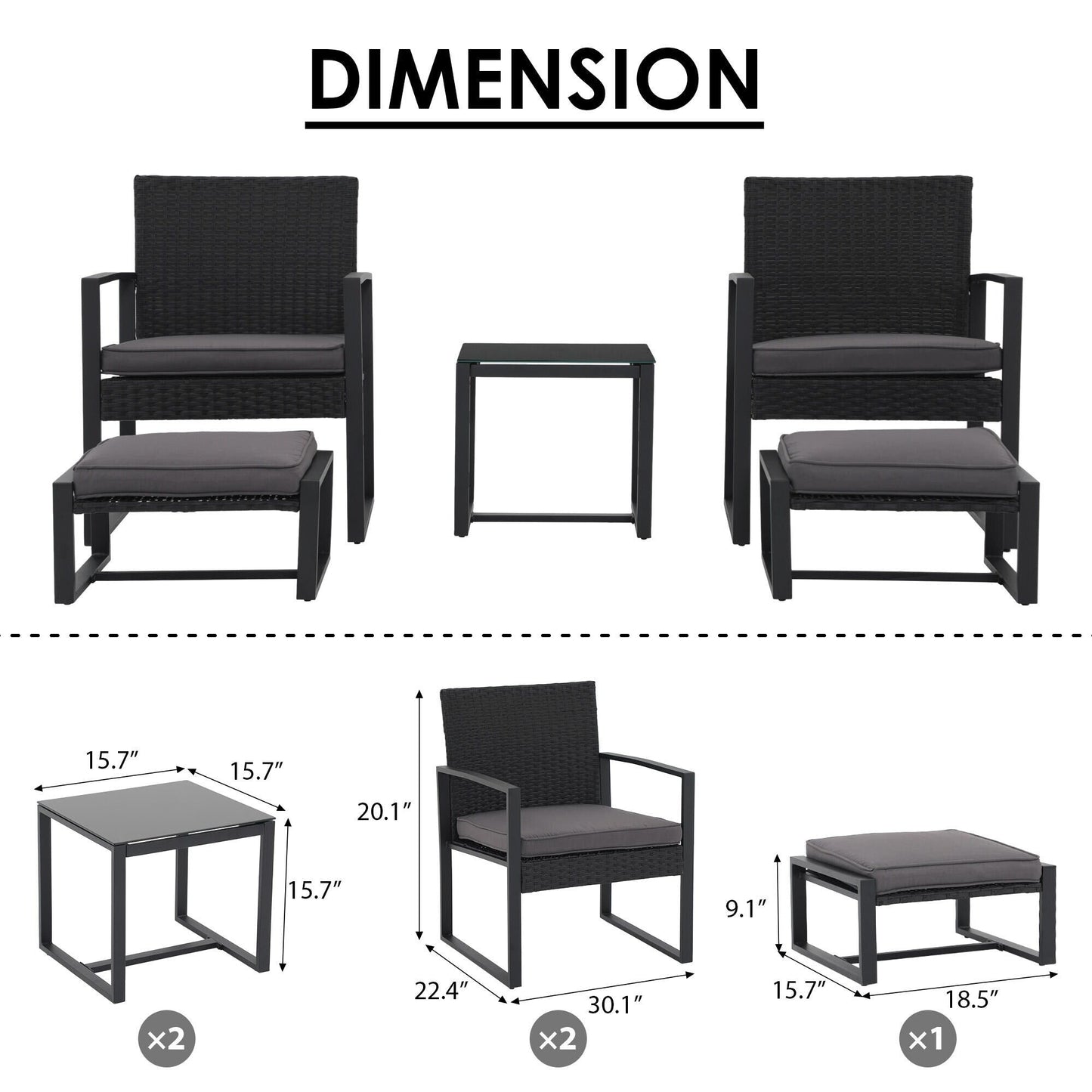Set da salotto in vimini da 5 pezzi con cuscini per patio