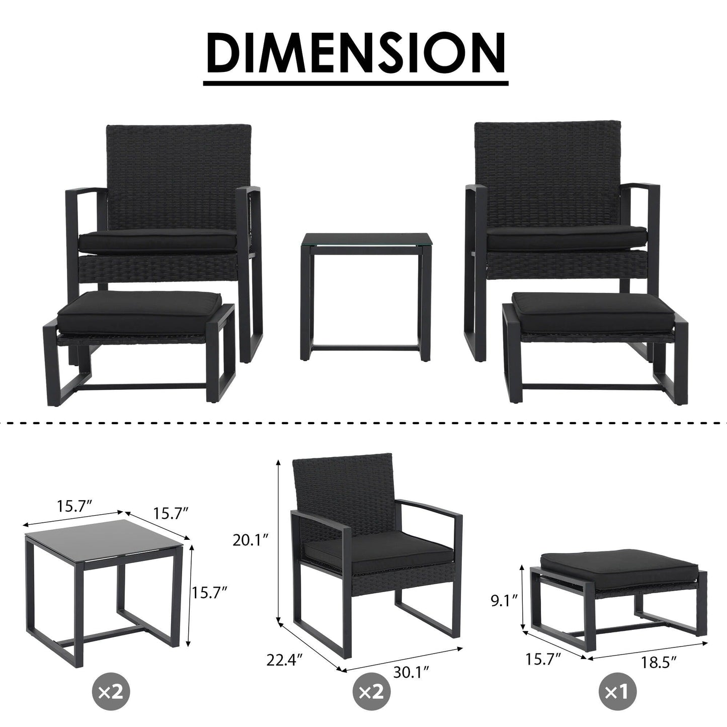 Set da salotto in vimini da 5 pezzi con cuscini per patio