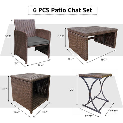 Set da conversazione in vimini da 6 pezzi per patio con pouf e tavolino laterale