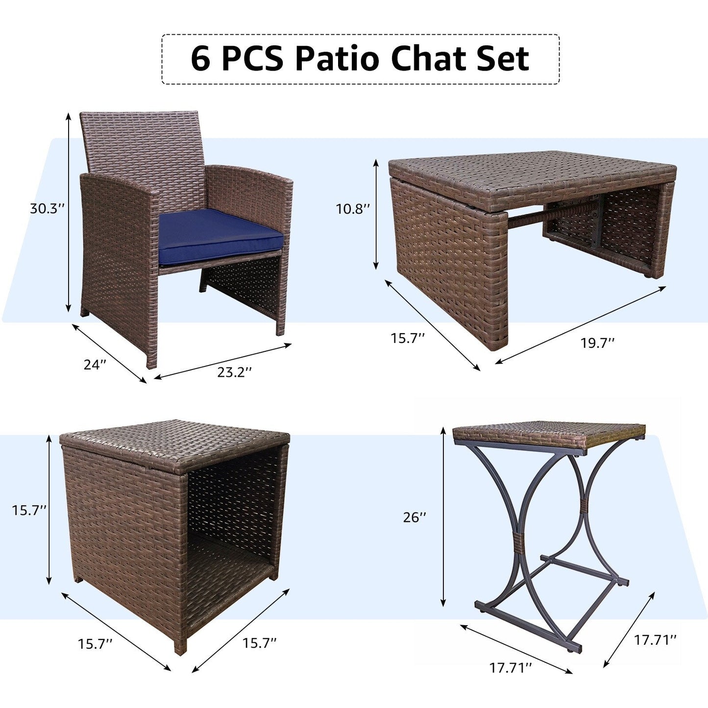 Set da conversazione in vimini da 6 pezzi per patio con pouf e tavolino laterale
