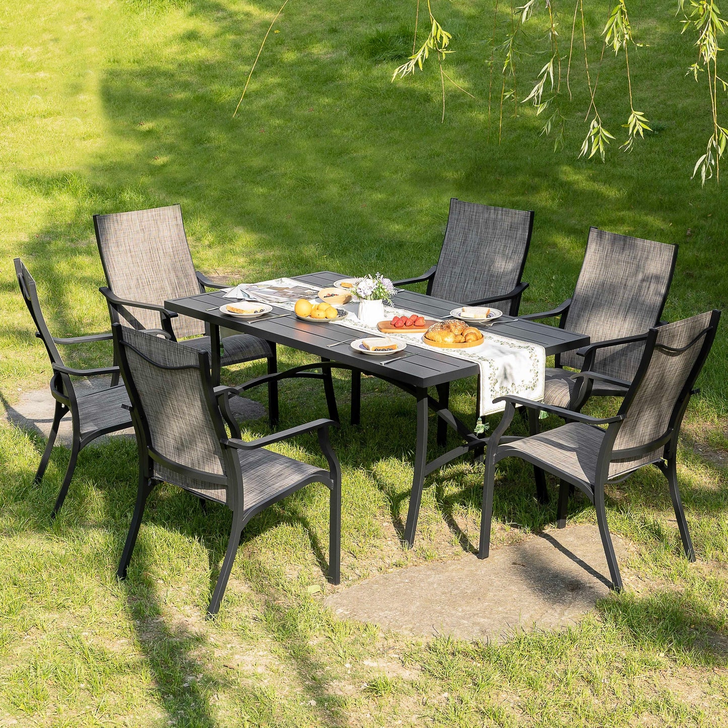 Set da pranzo in alluminio da 7 pezzi per patio con sedie in textilene e foro per ombrellone