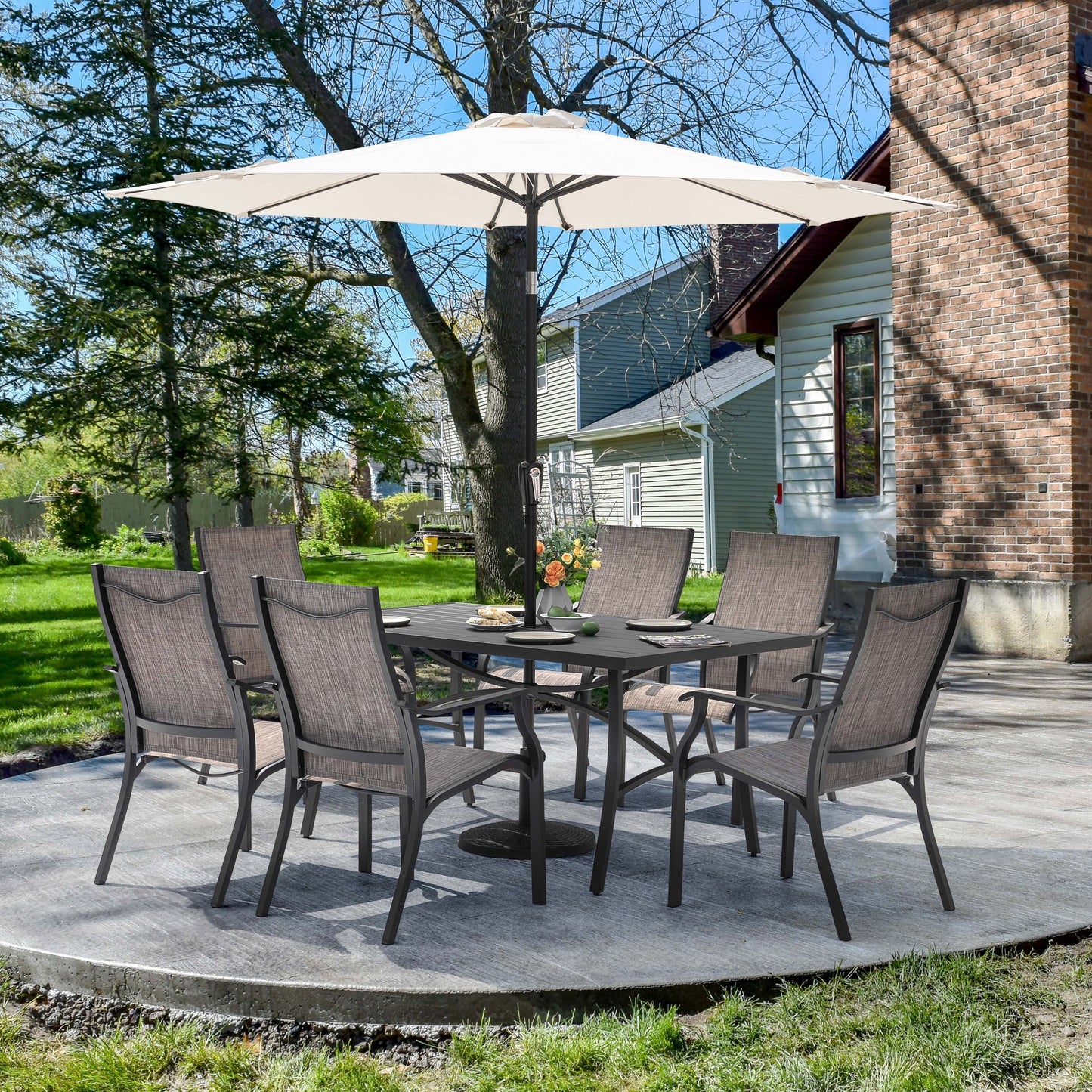 Set da pranzo in alluminio da 7 pezzi per patio con sedie in textilene e foro per ombrellone