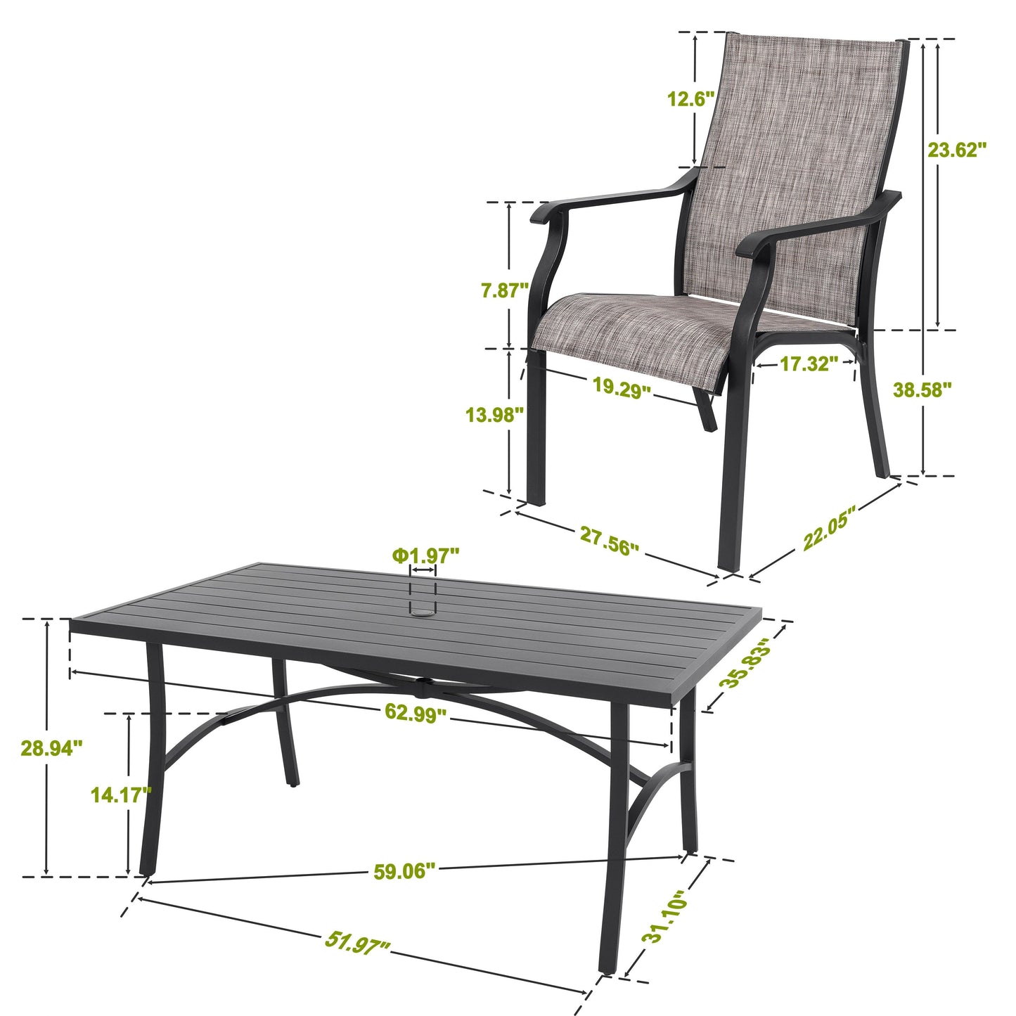 Set da pranzo in alluminio da 7 pezzi per patio con sedie in textilene e foro per ombrellone