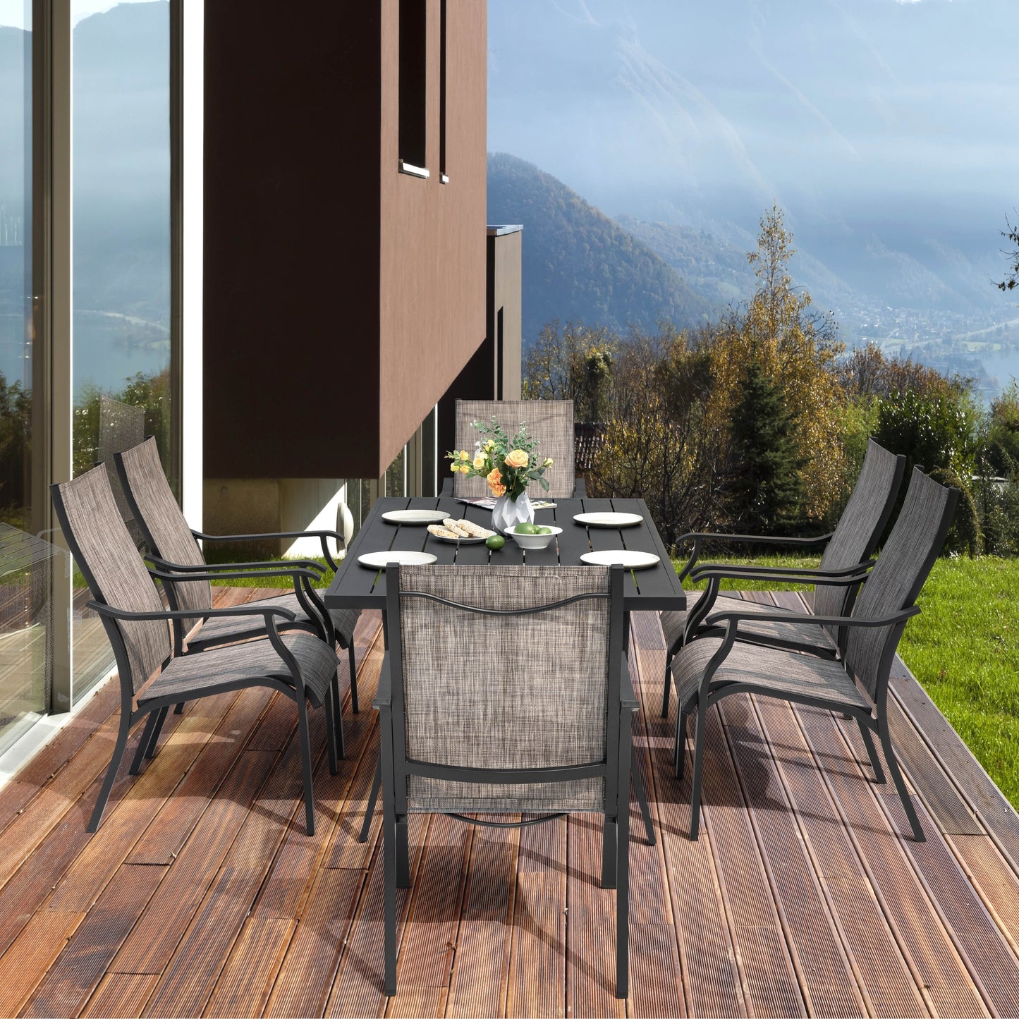 Set da pranzo in alluminio da 7 pezzi per patio con sedie in textilene e foro per ombrellone
