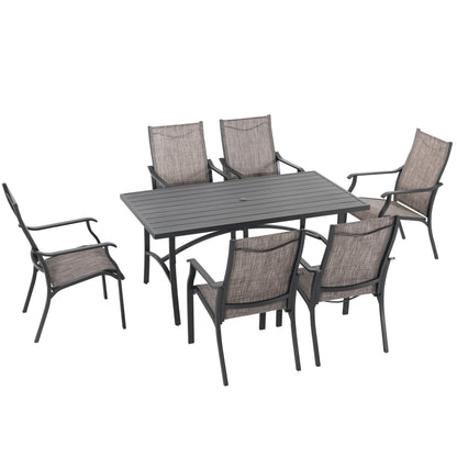 Set da pranzo in alluminio da 7 pezzi per patio con sedie in textilene e foro per ombrellone