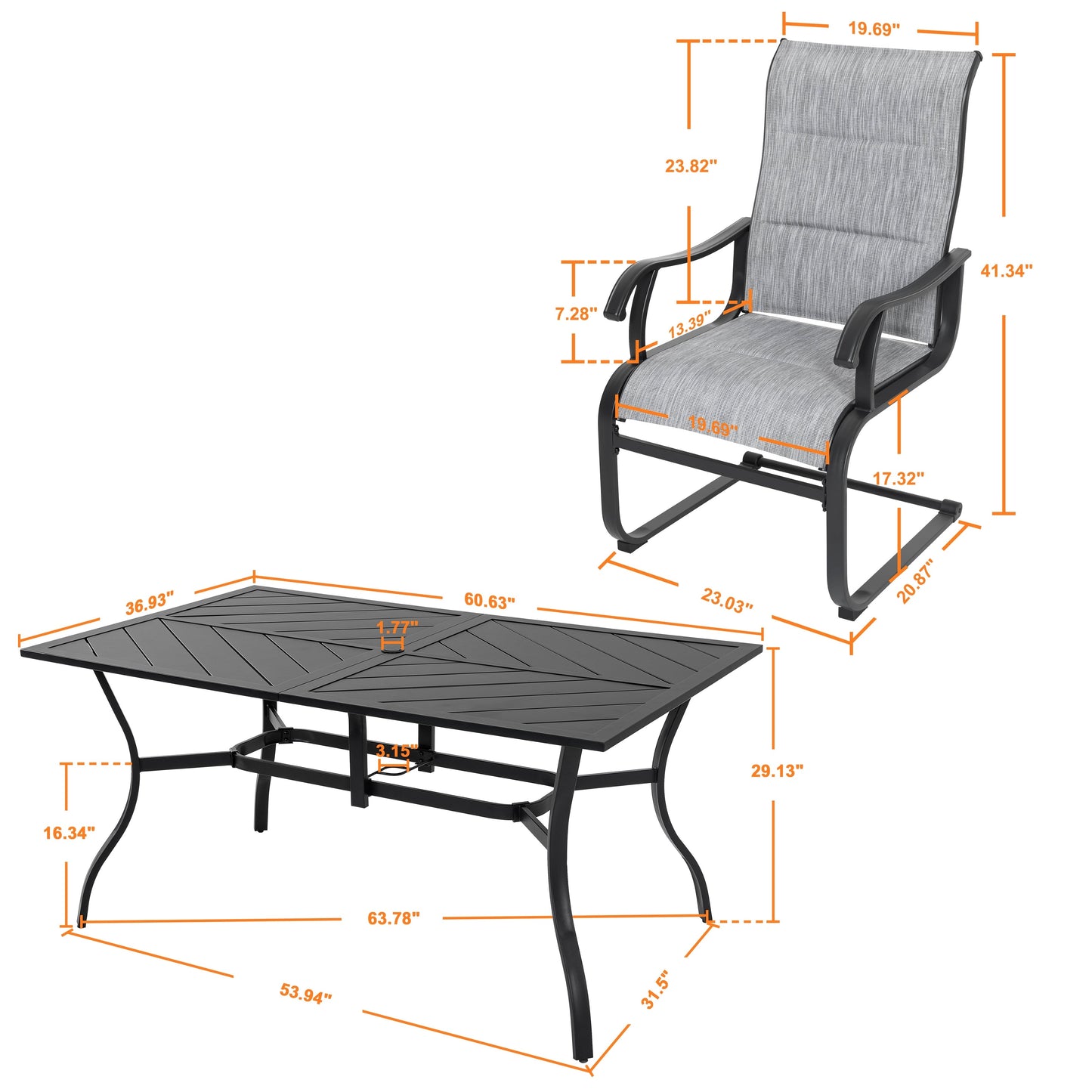 Set da pranzo da giardino in textilene e ferro da 7 pezzi con foro per ombrellone