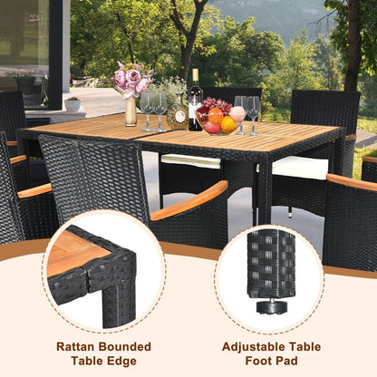 Set da pranzo da esterno in vimini e legno di acacia da 7 pezzi con cuscino beige
