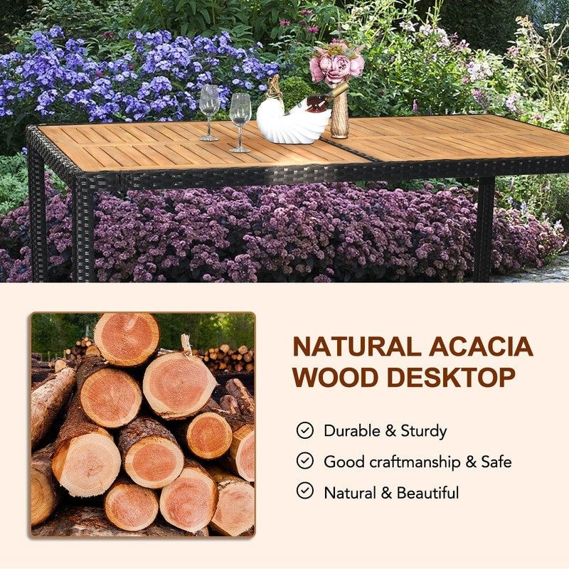 Set da pranzo da esterno in vimini e legno di acacia da 7 pezzi con cuscino beige