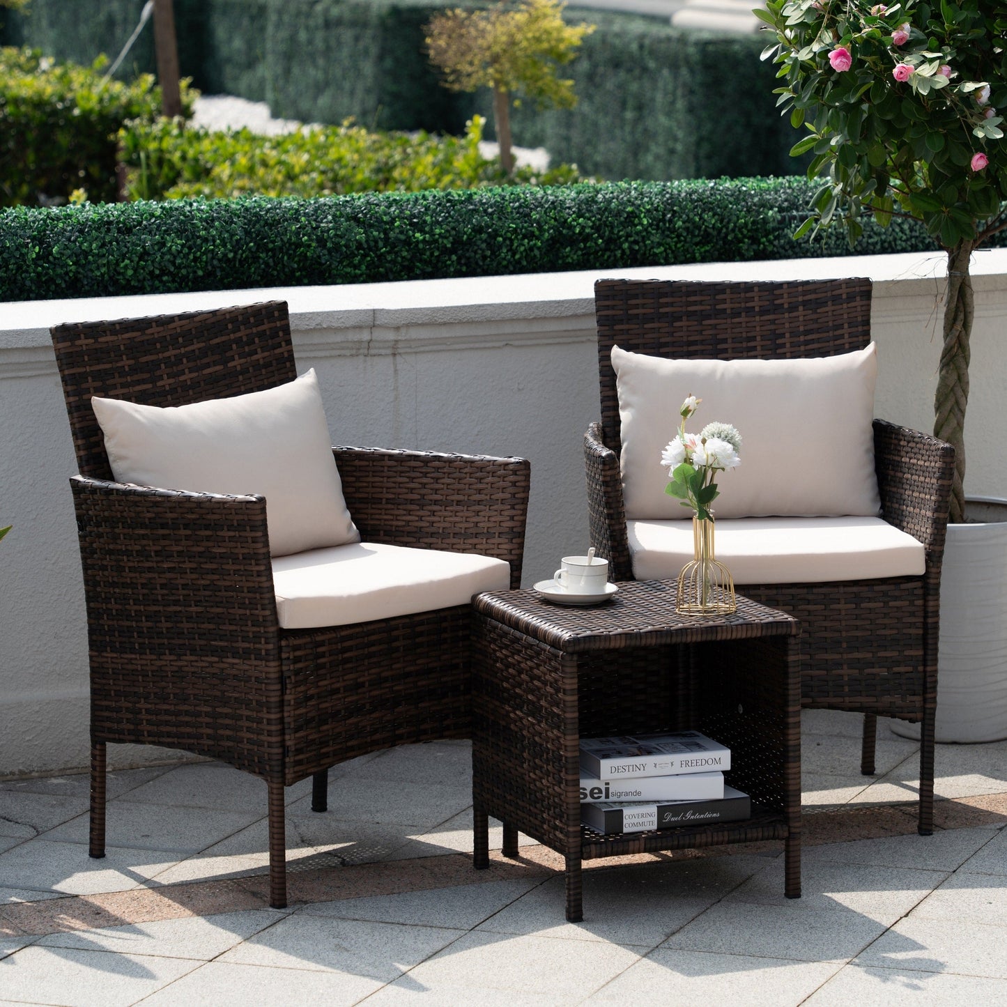 Set da bistrot per conversazione da esterno, 3 pezzi, mobili da esterno, sedie in vimini e tavolo riponibile, set di mobili da balcone per veranda