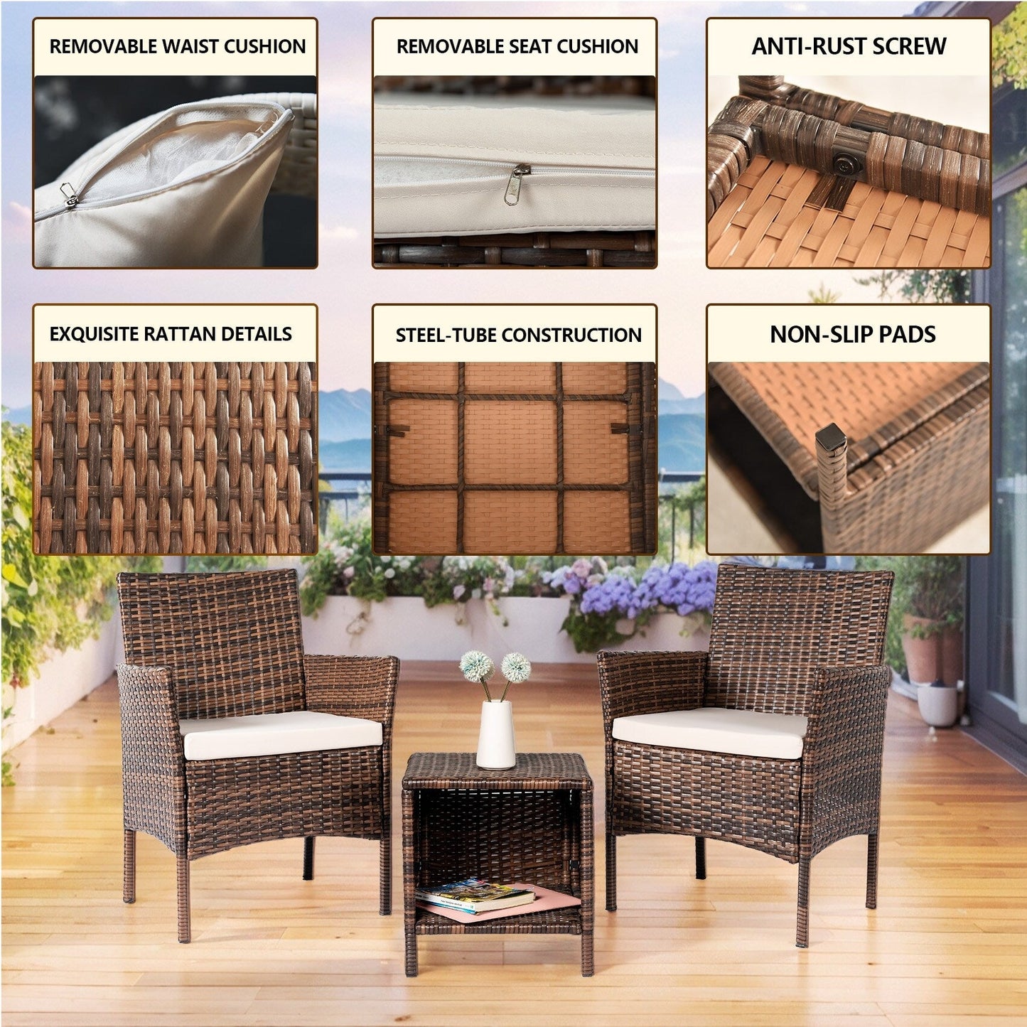 Set da bistrot per conversazione da esterno, 3 pezzi, mobili da esterno, sedie in vimini e tavolo riponibile, set di mobili da balcone per veranda