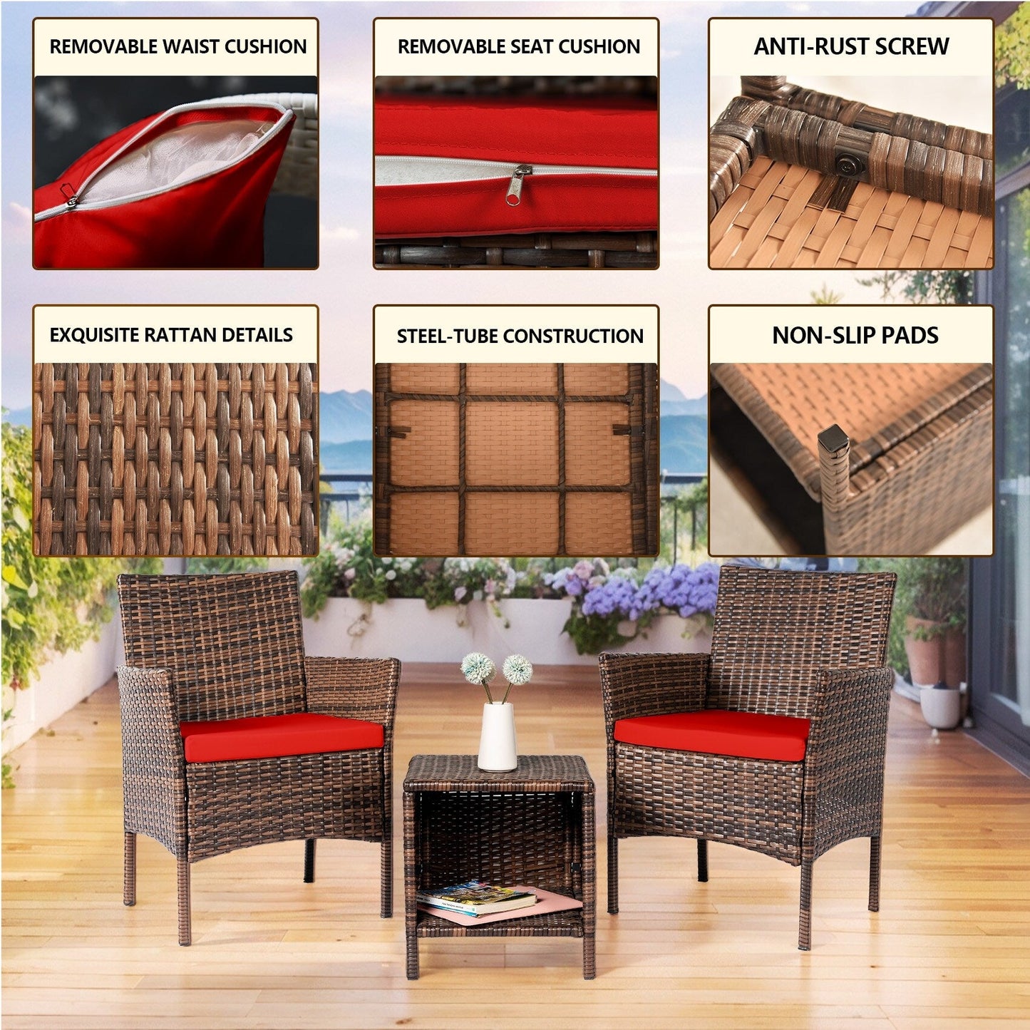 Set da bistrot per conversazione da esterno, 3 pezzi, mobili da esterno, sedie in vimini e tavolo riponibile, set di mobili da balcone per veranda