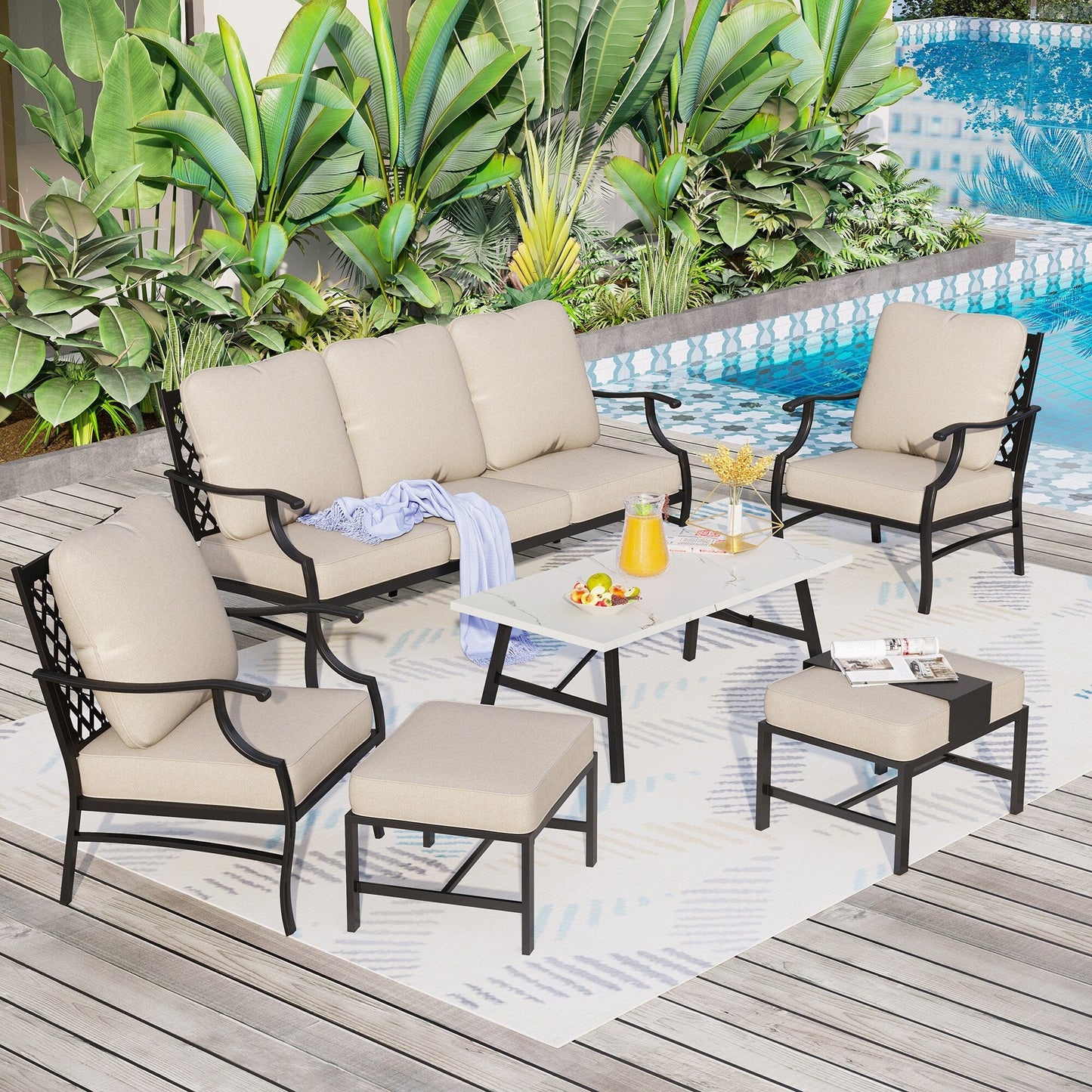 MAISON ARTS Set da conversazione per patio da 5/7/9 posti, set di divani con 2 poltrone singole, divano a 3 posti, pouf e tavolino da caffè