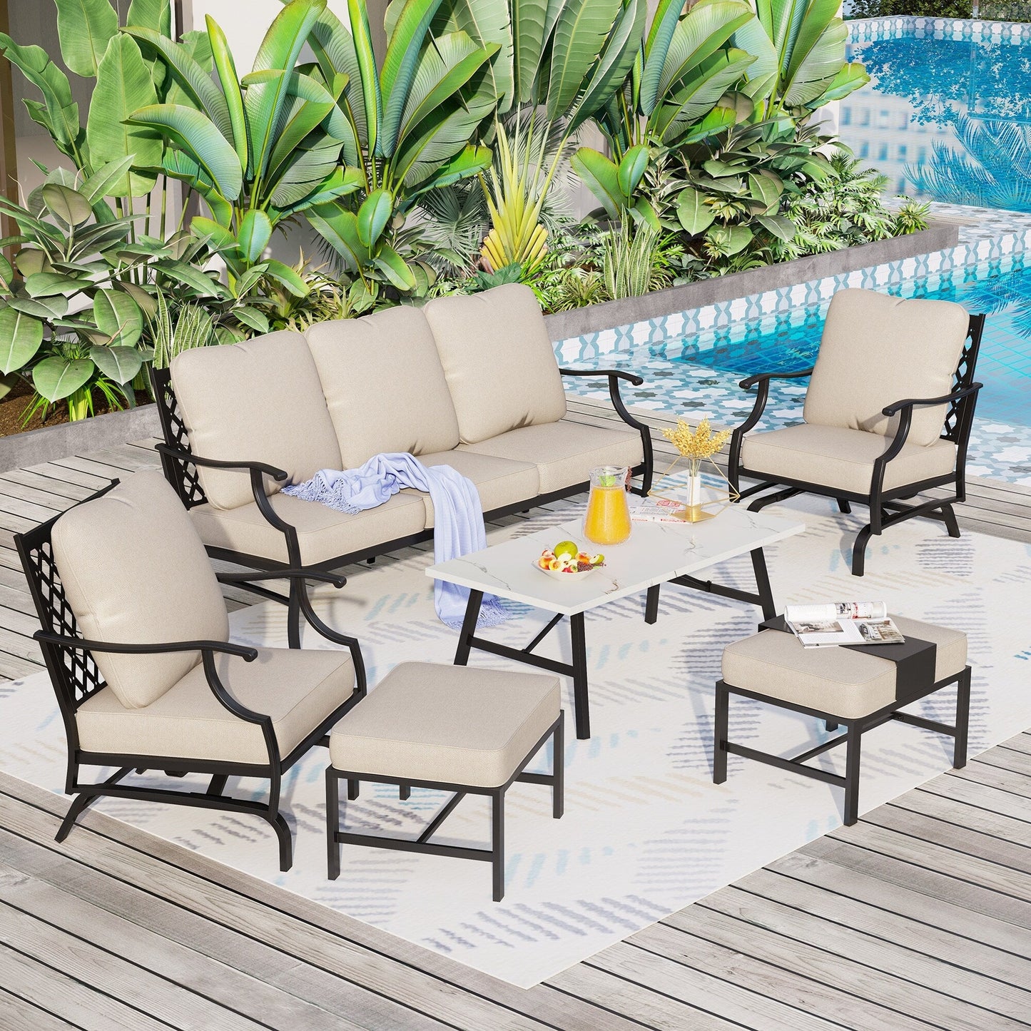 MAISON ARTS Set da conversazione per patio da 5/7/9 posti, set di divani con 2 poltrone singole, divano a 3 posti, pouf e tavolino da caffè