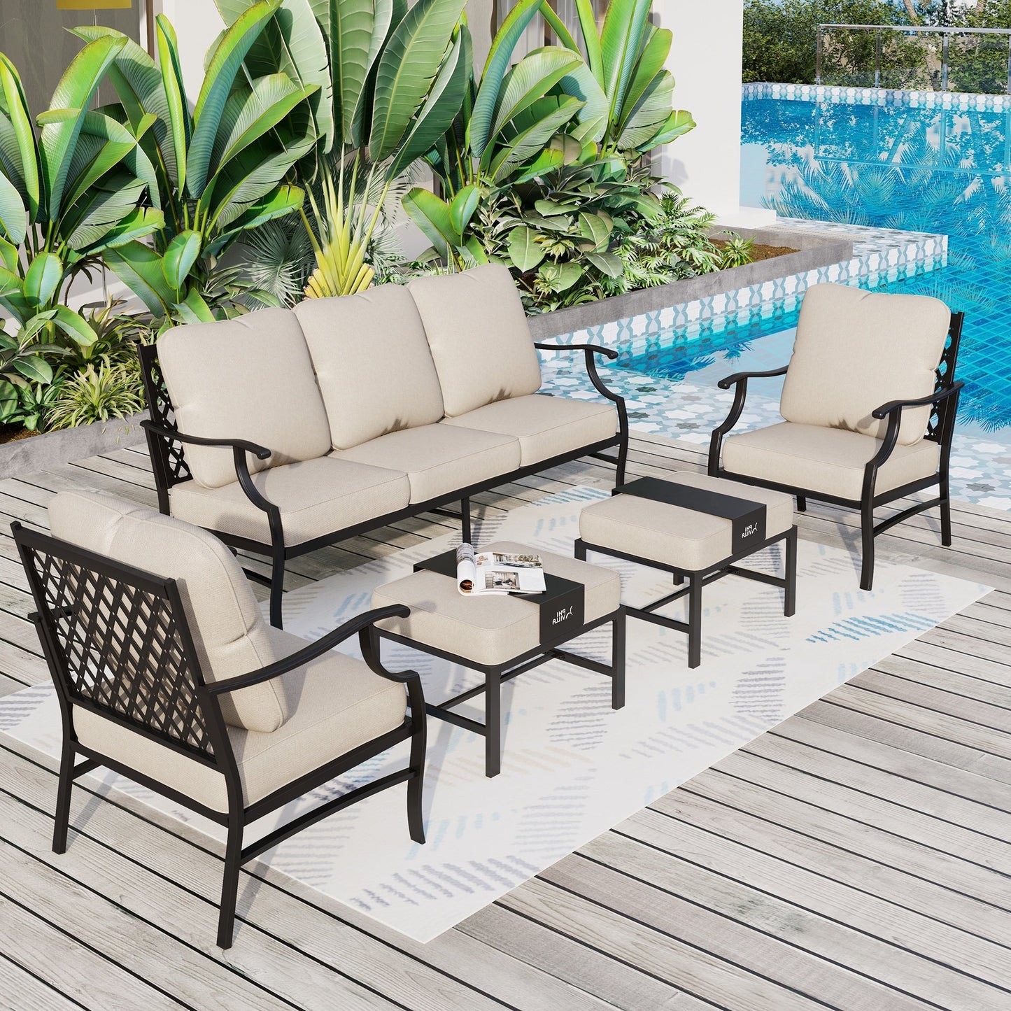 MAISON ARTS Set da conversazione per patio da 5/7/9 posti, set di divani con 2 poltrone singole, divano a 3 posti, pouf e tavolino da caffè