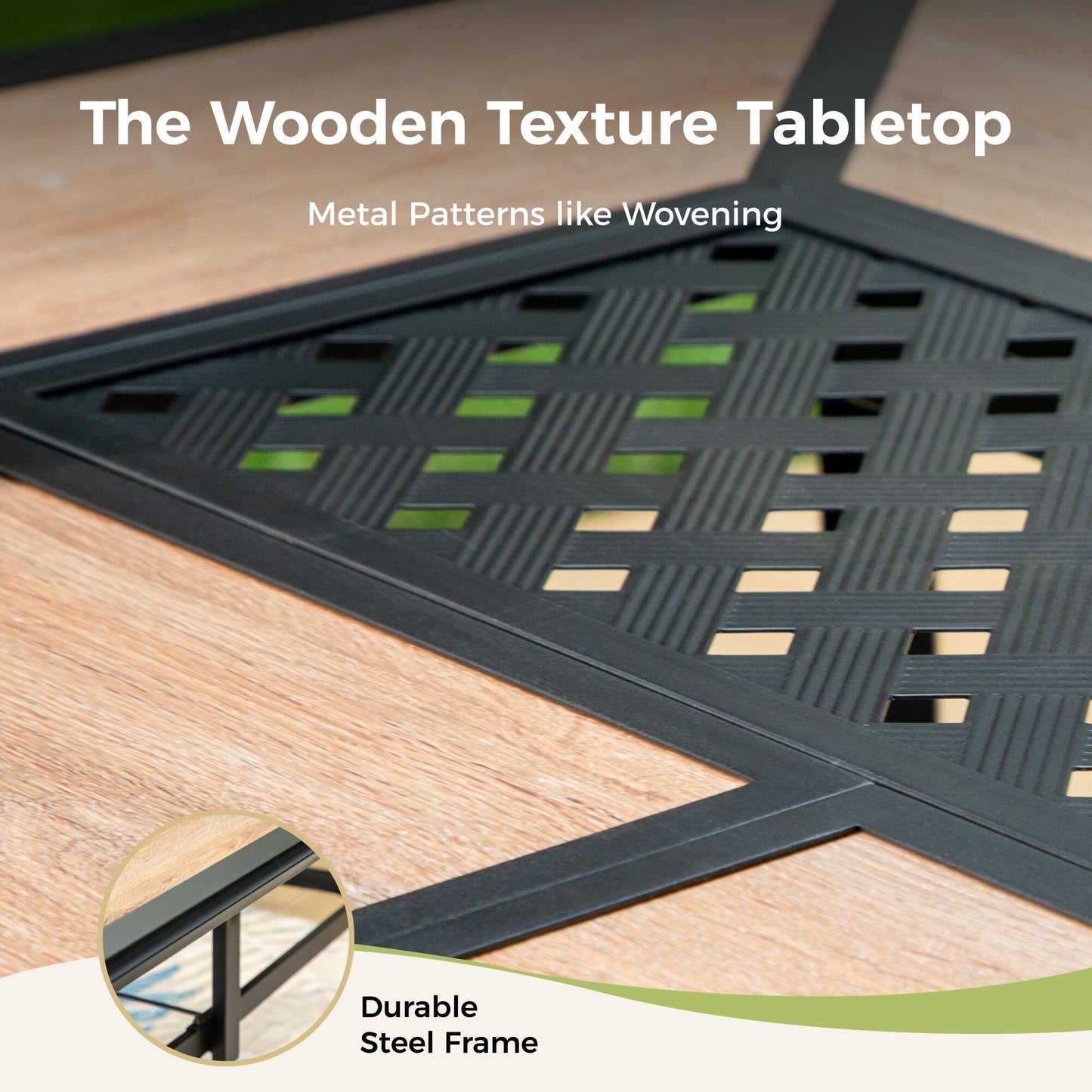 MAISON ARTS Set da pranzo per patio composto da 7 pezzi, tavolo rettangolare geometrico in metallo effetto legno e 6 sedie in textilene