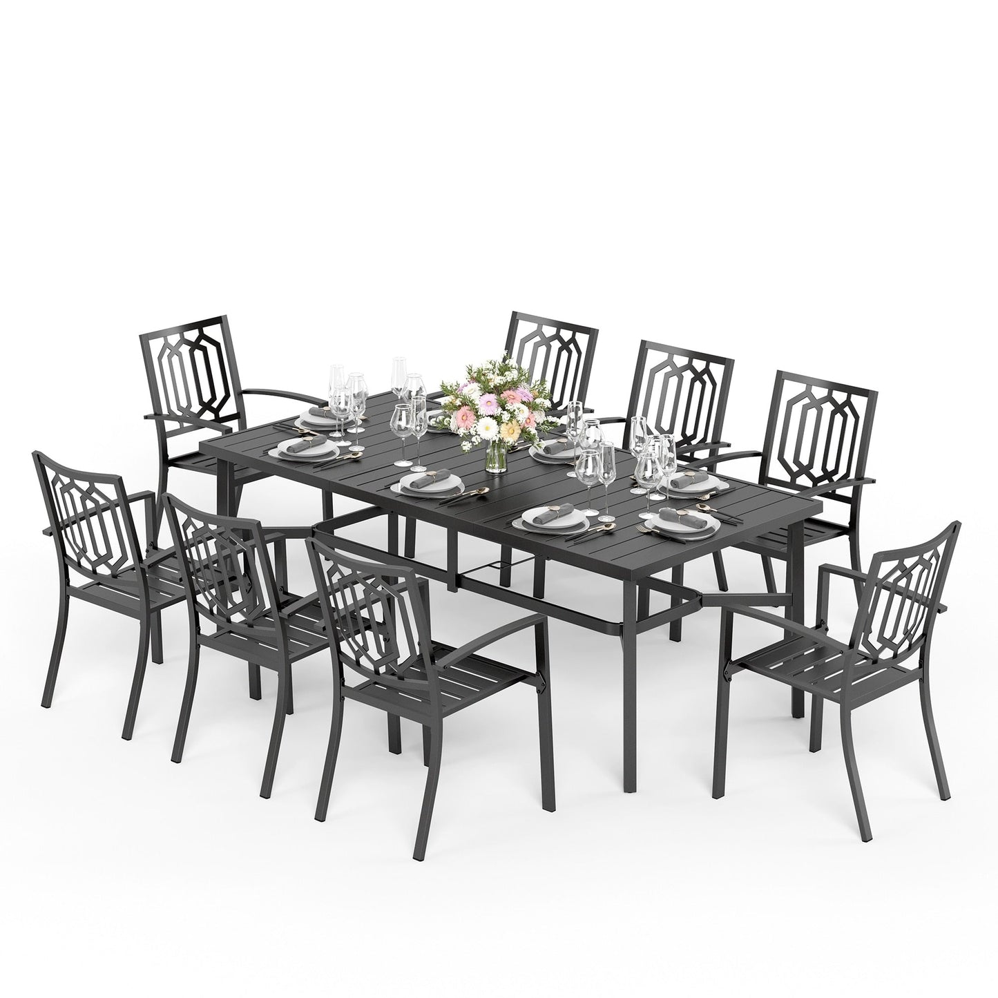 MAISON ARTS Set da pranzo per patio da 9 pezzi Set di mobili da giardino Tavolo da pranzo rettangolare in metallo 8 sedie impilabili in metallo