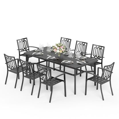 MAISON ARTS Set da pranzo per patio da 9 pezzi Set di mobili da giardino Tavolo da pranzo rettangolare in metallo 8 sedie impilabili in metallo