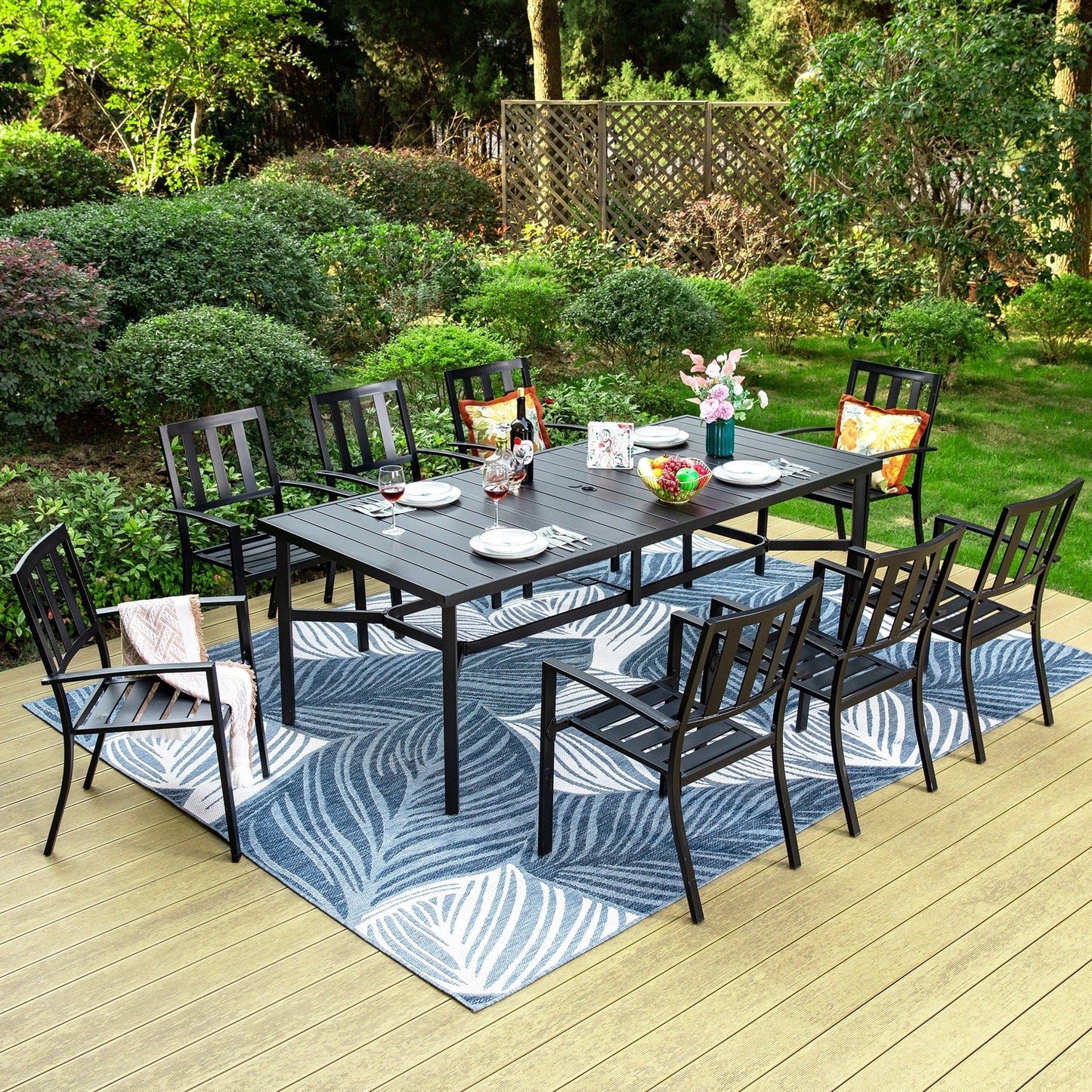 MAISON ARTS Set da pranzo per patio da 9 pezzi Set di mobili da giardino Tavolo da pranzo rettangolare in metallo 8 sedie impilabili in metallo