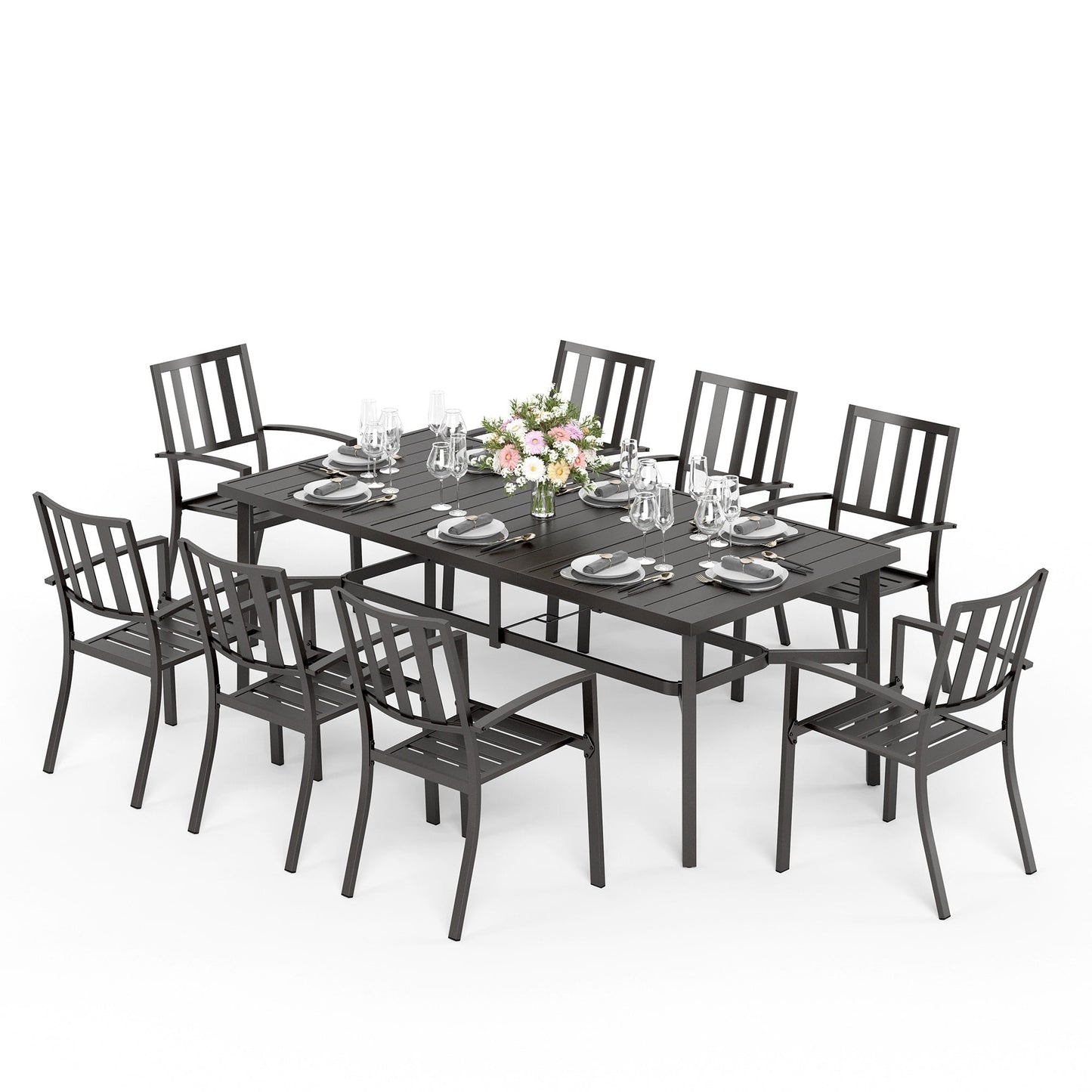MAISON ARTS Set da pranzo per patio da 9 pezzi Set di mobili da giardino Tavolo da pranzo rettangolare in metallo 8 sedie impilabili in metallo