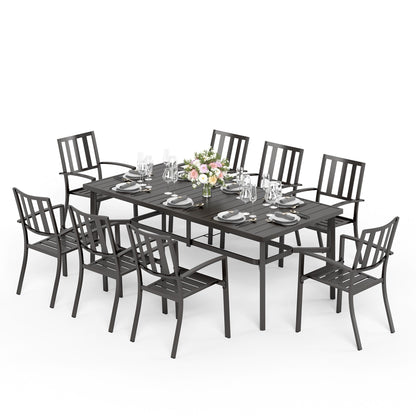 MAISON ARTS Set da pranzo per patio da 9 pezzi Set di mobili da giardino Tavolo da pranzo rettangolare in metallo 8 sedie impilabili in metallo