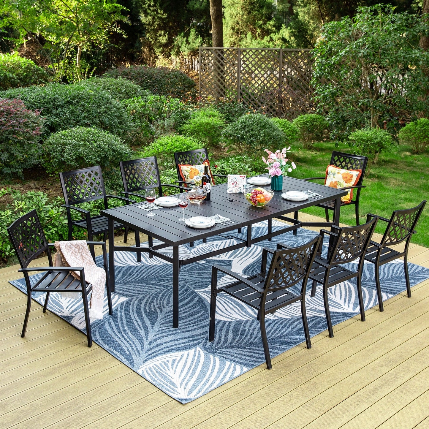 MAISON ARTS Set da pranzo per patio da 9 pezzi Set di mobili da giardino Tavolo da pranzo rettangolare in metallo 8 sedie impilabili in metallo