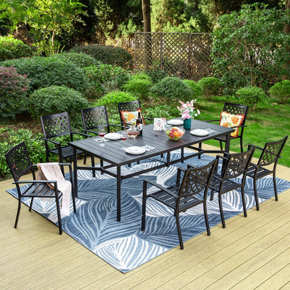 MAISON ARTS Set da pranzo per patio da 9 pezzi Set di mobili da giardino Tavolo da pranzo rettangolare in metallo 8 sedie impilabili in metallo