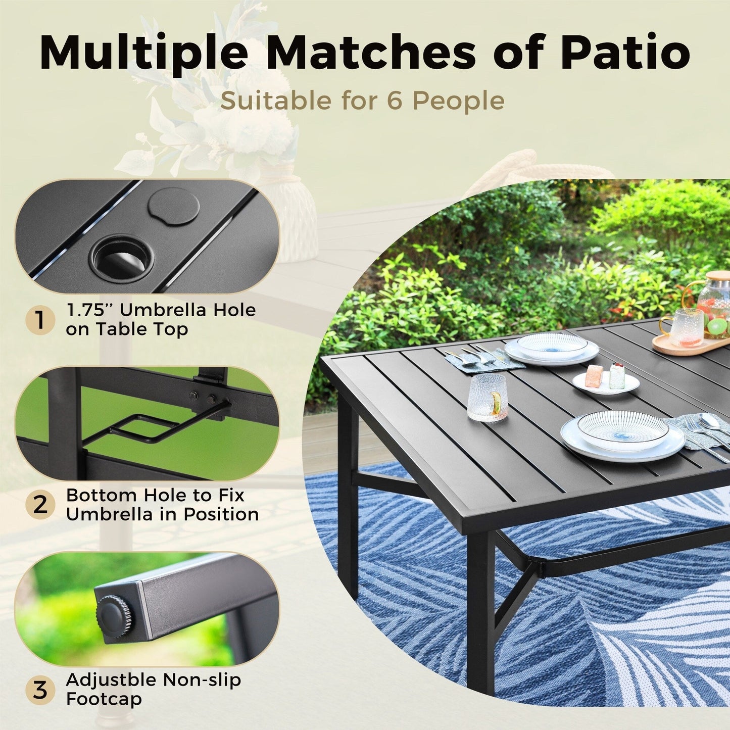 MAISON ARTS Set da pranzo per patio da 9 pezzi Set di mobili da giardino Tavolo da pranzo rettangolare in metallo 8 sedie impilabili in metallo