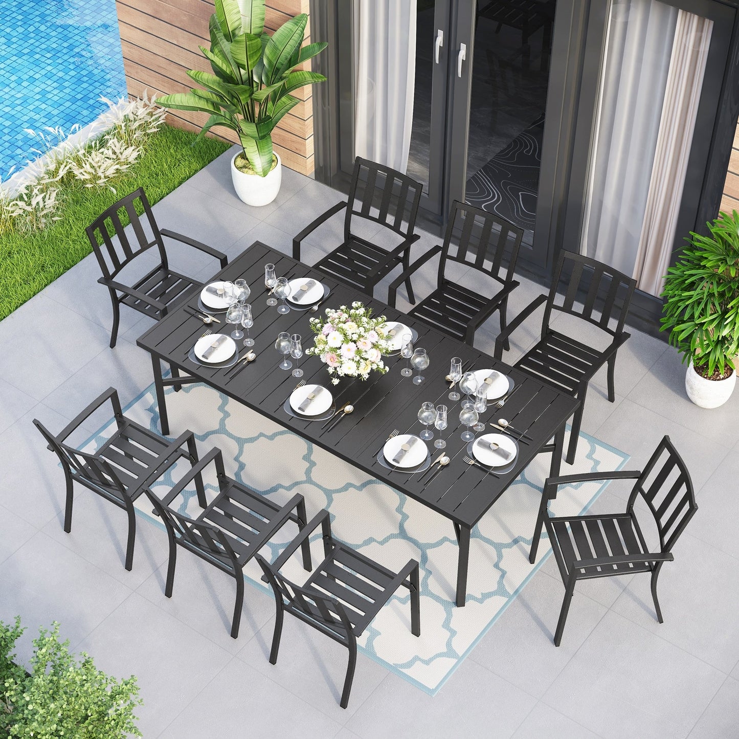 MAISON ARTS Set da pranzo per patio da 9 pezzi Set di mobili da giardino Tavolo da pranzo rettangolare in metallo 8 sedie impilabili in metallo