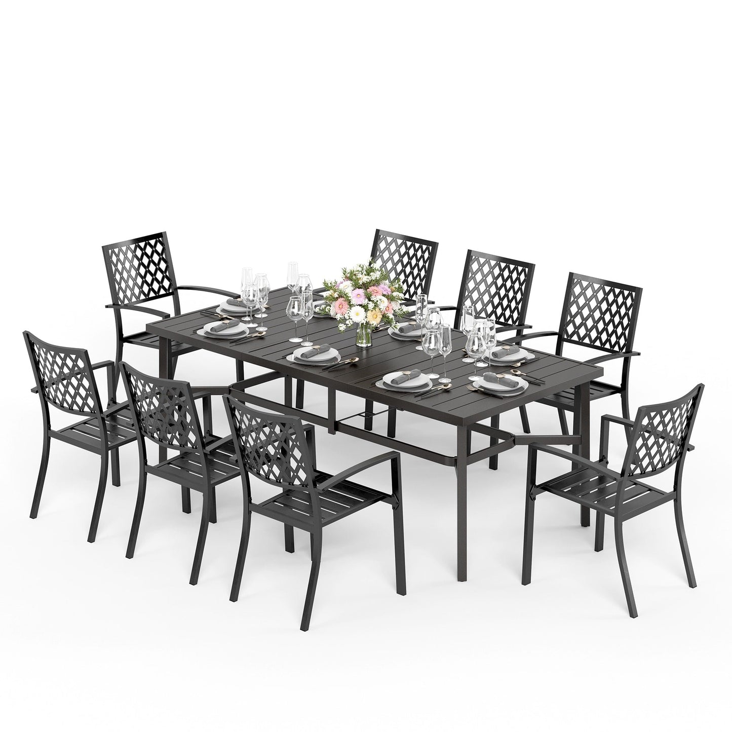 MAISON ARTS Set da pranzo per patio da 9 pezzi Set di mobili da giardino Tavolo da pranzo rettangolare in metallo 8 sedie impilabili in metallo