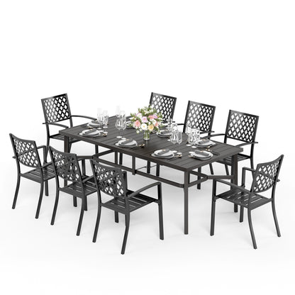 MAISON ARTS Set da pranzo per patio da 9 pezzi Set di mobili da giardino Tavolo da pranzo rettangolare in metallo 8 sedie impilabili in metallo