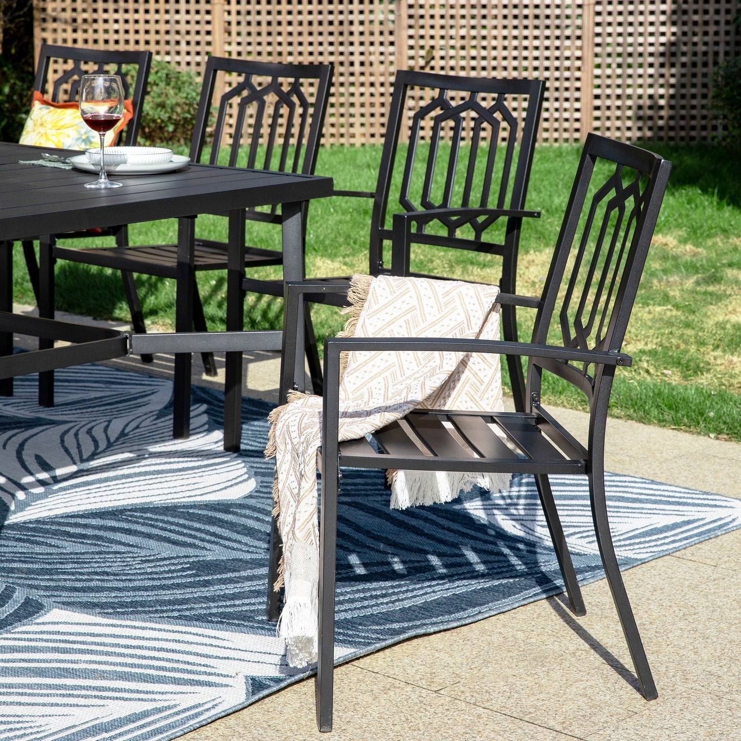 MAISON ARTS Set da pranzo per patio da 9 pezzi Set di mobili da giardino Tavolo da pranzo rettangolare in metallo 8 sedie impilabili in metallo