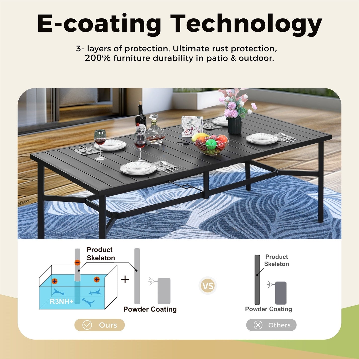 MAISON ARTS Set da pranzo per patio da 9 pezzi Set di mobili da giardino Tavolo da pranzo rettangolare in metallo 8 sedie impilabili in metallo