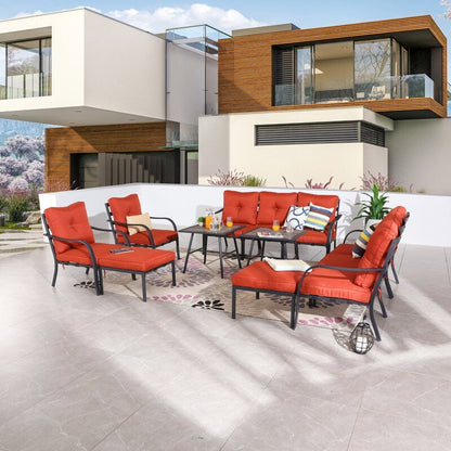 Patio Festival Curve-Arm Set da conversazione per esterni da 12 pezzi con cuscini rossi