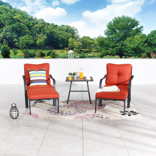 Set da conversazione Patio Festival Curve-Arm da 5 pezzi con cuscini rossi