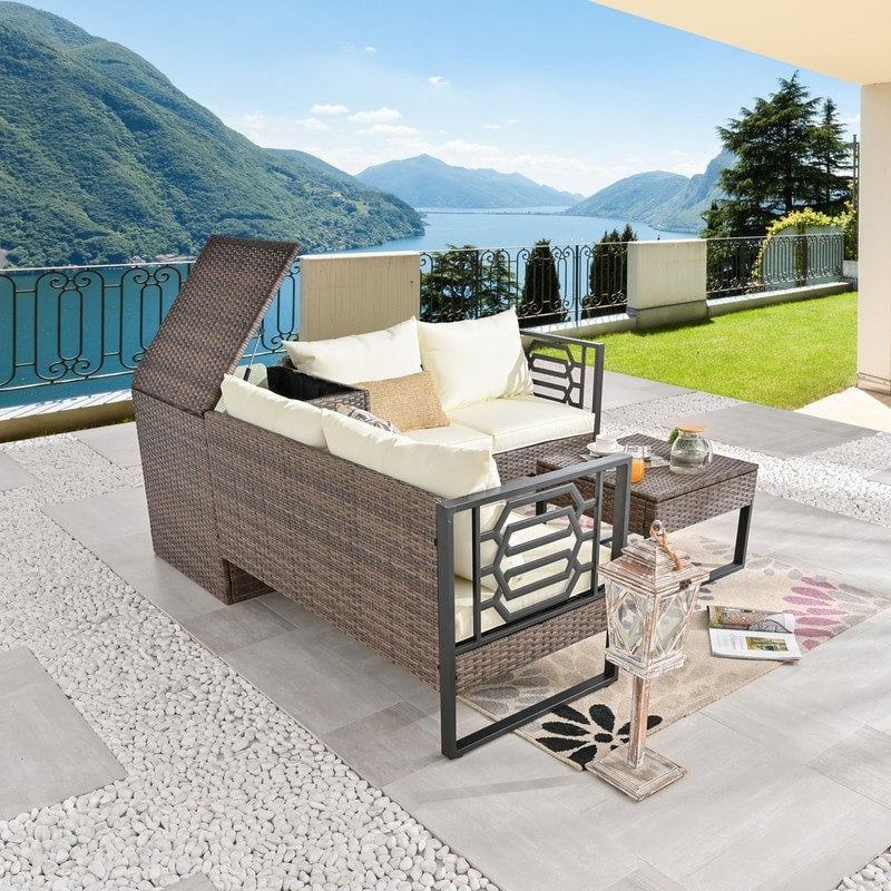 Set di divani in vimini da 4 posti Patio Festival con tavolino e cuscini