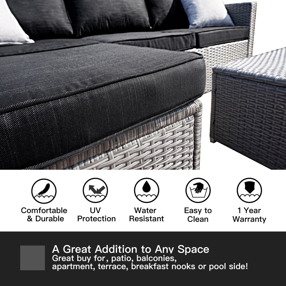 Set da conversazione per patio in vimini per tutte le stagioni, 3 pezzi, componibile per esterni, beige