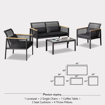 Set di mobili da giardino - Set da conversazione da giardino in vimini per tutte le stagioni, 4 pezzi, set di divani da esterno neri con cuscini e sedie lavabili