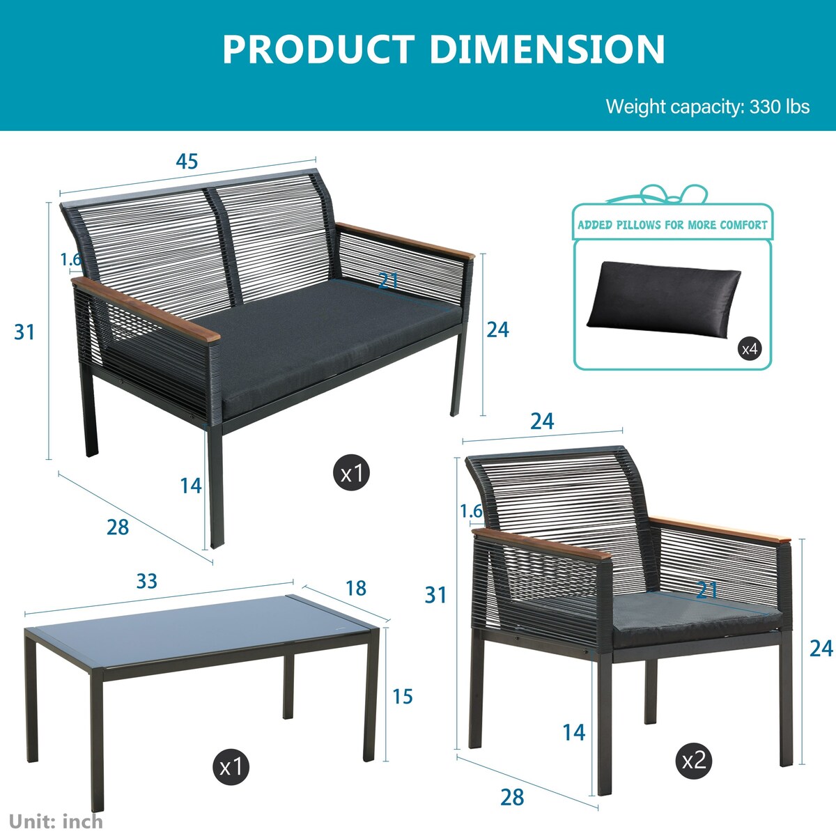 Set di mobili da giardino - Set da conversazione da giardino in vimini per tutte le stagioni, 4 pezzi, set di divani da esterno neri con cuscini e sedie lavabili