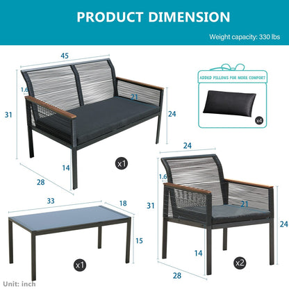 Set di mobili da giardino - Set da conversazione da giardino in vimini per tutte le stagioni, 4 pezzi, set di divani da esterno neri con cuscini e sedie lavabili