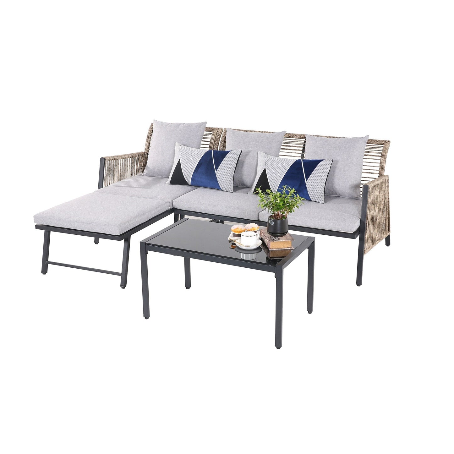 Set di mobili da giardino - Divano componibile da esterno in vimini e rattan, set da conversazione per tutte le stagioni, con morbidi cuscini