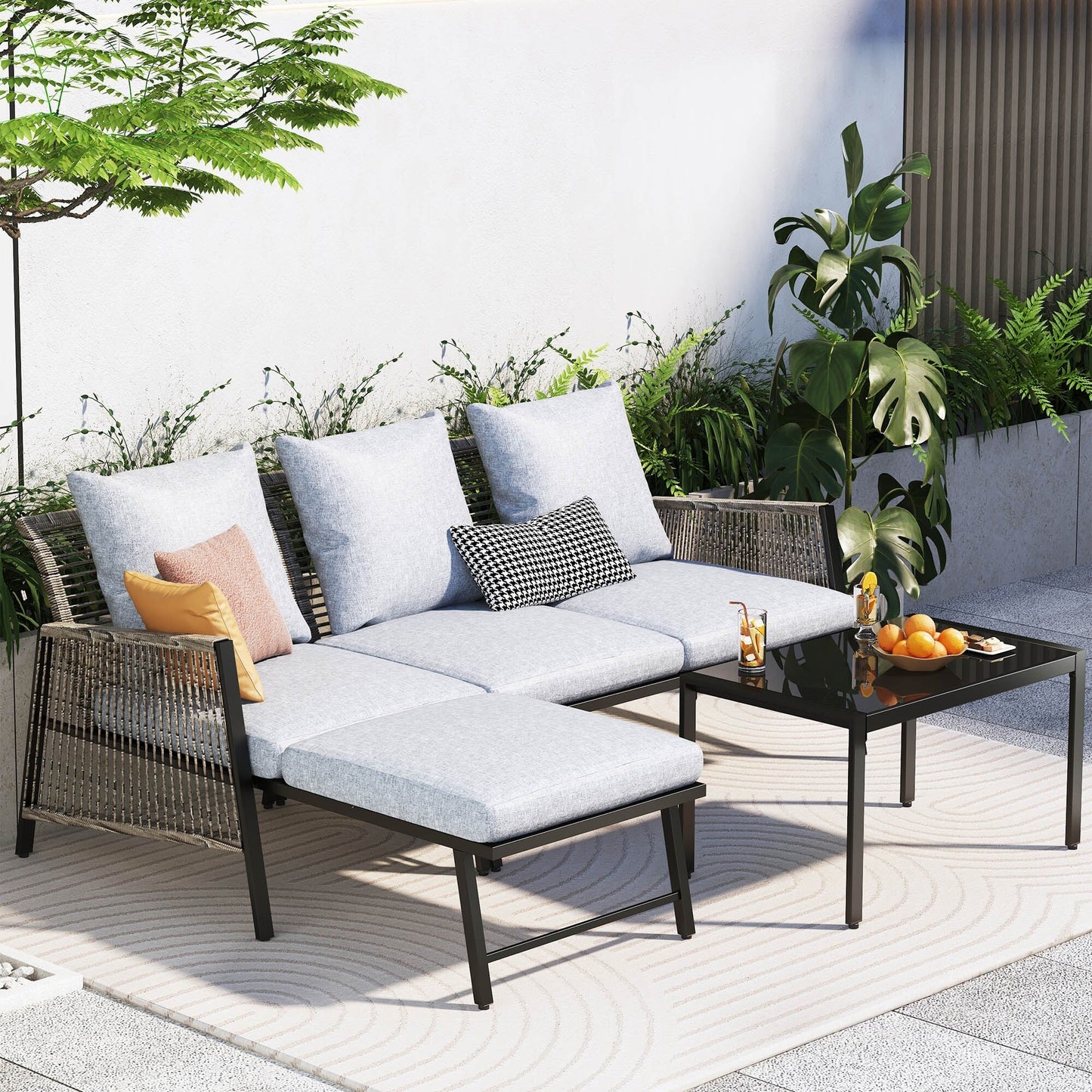 Set di mobili da giardino - Divano componibile da esterno in vimini e rattan, set da conversazione per tutte le stagioni, con morbidi cuscini