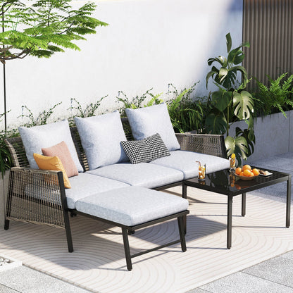 Set di mobili da giardino - Divano componibile da esterno in vimini e rattan, set da conversazione per tutte le stagioni, con morbidi cuscini