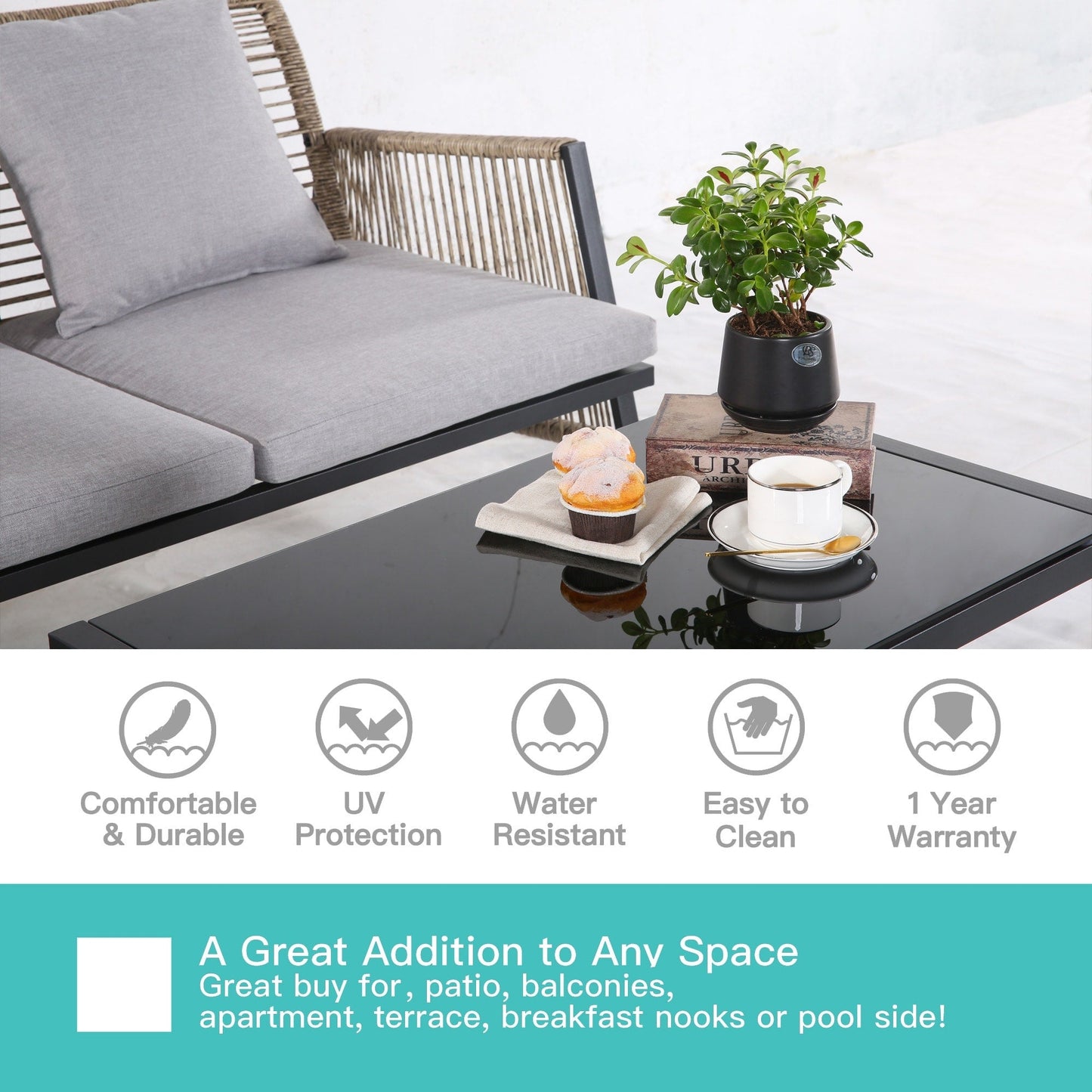 Set di mobili da giardino - Divano componibile da esterno in vimini e rattan, set da conversazione per tutte le stagioni, con morbidi cuscini