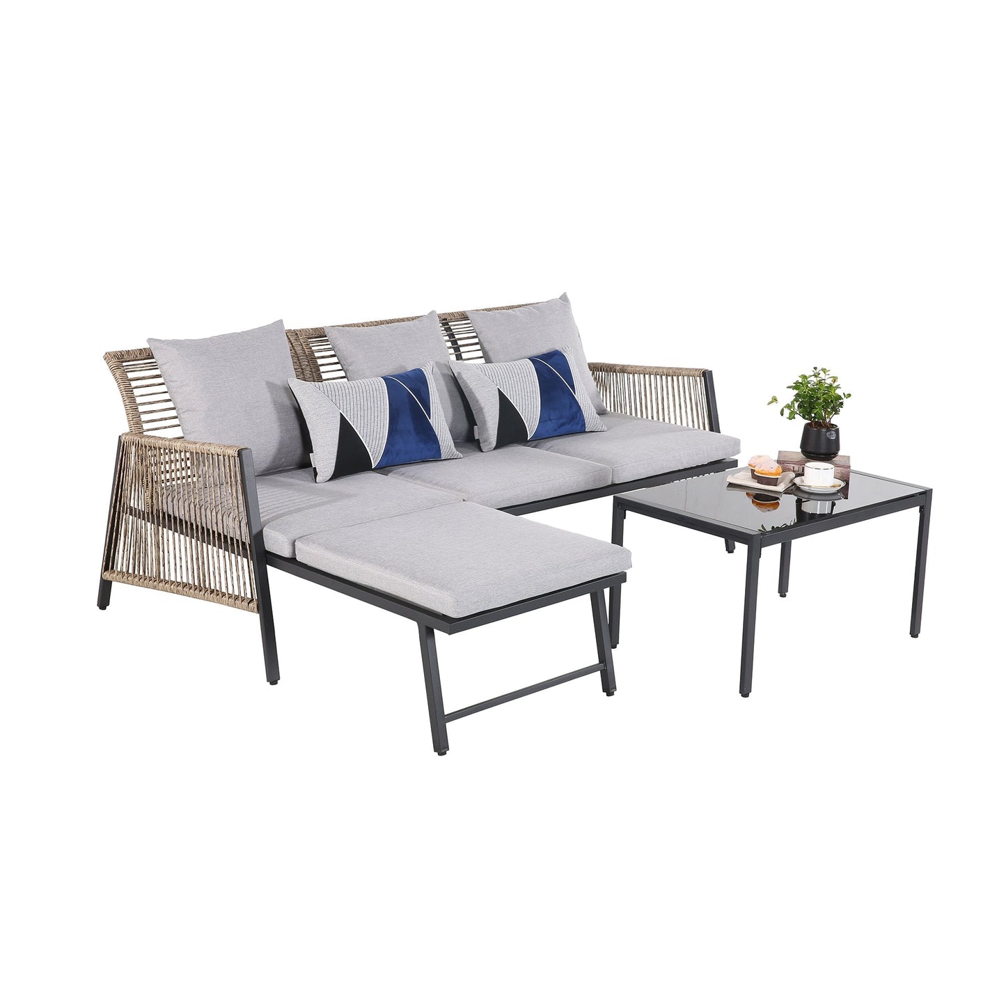 Set di mobili da giardino - Divano componibile da esterno in vimini e rattan, set da conversazione per tutte le stagioni, con morbidi cuscini