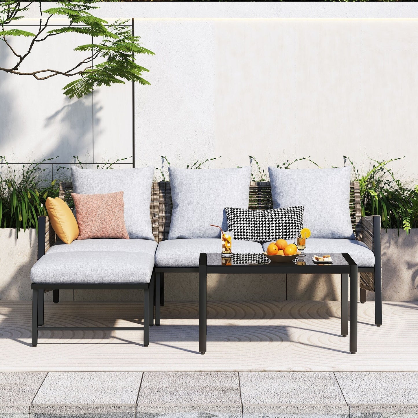 Set di mobili da giardino - Divano componibile da esterno in vimini e rattan, set da conversazione per tutte le stagioni, con morbidi cuscini