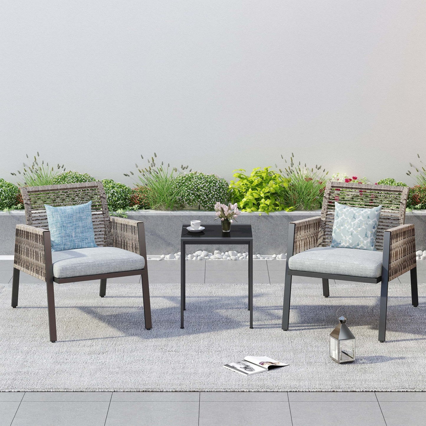 Set di mobili da giardino - Divano componibile da esterno in vimini e rattan, set da conversazione per tutte le stagioni, con morbidi cuscini