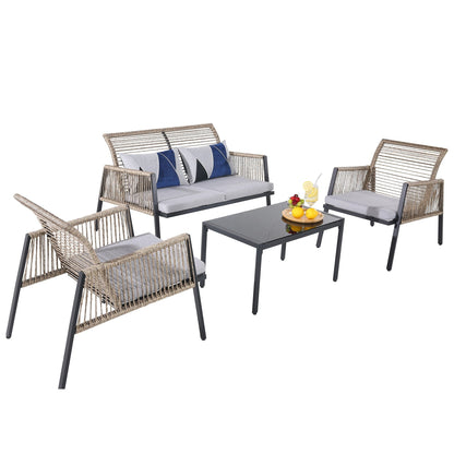 Set di mobili da giardino - Divano componibile da esterno in vimini e rattan, set da conversazione per tutte le stagioni, con morbidi cuscini